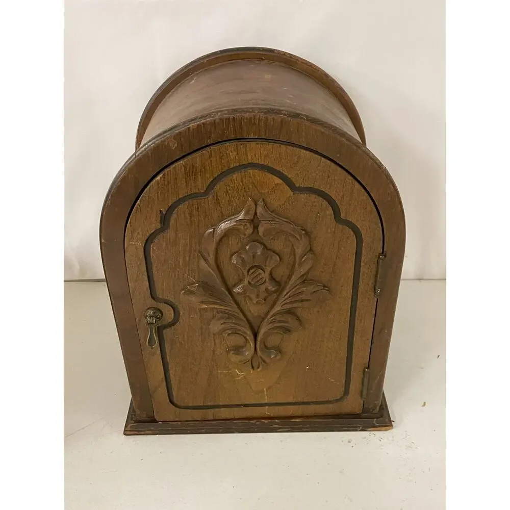 Vintage Wooden Cathedral Clock Case Cabinet Shrine Arched Door Angel Figurine
